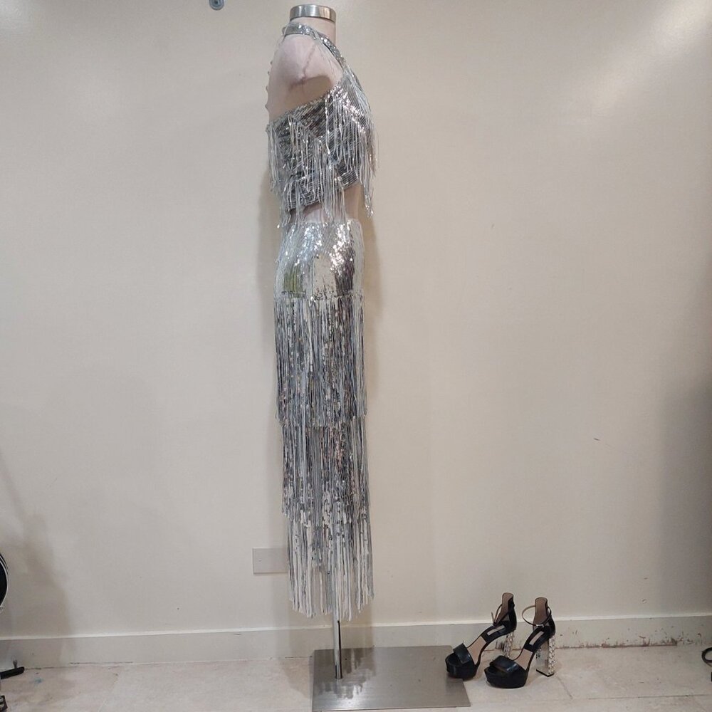 🖤💥UBER STUNNING!🖤💥Roaring 20s Vibe Tatiana Fringed Sequin Skirt in Silver - Picture 12 of 15
